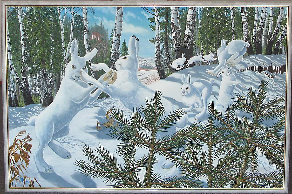 playing white hares in forest Oil Paintings